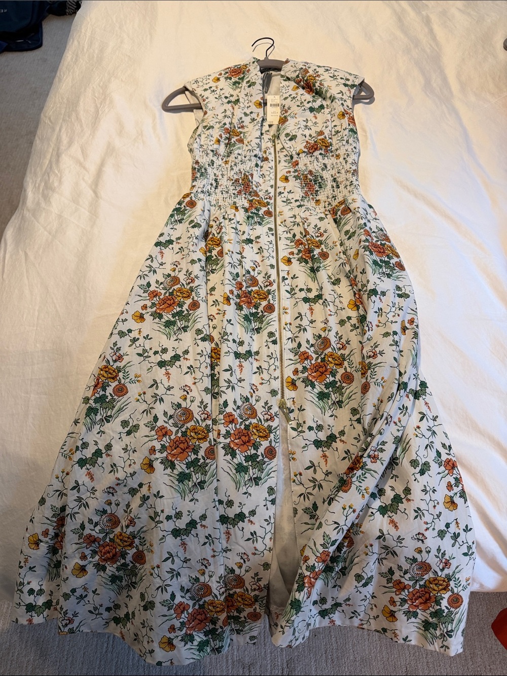 Anthropologie White Floral Midi Dress with Orange and Green Print XXS PETITE